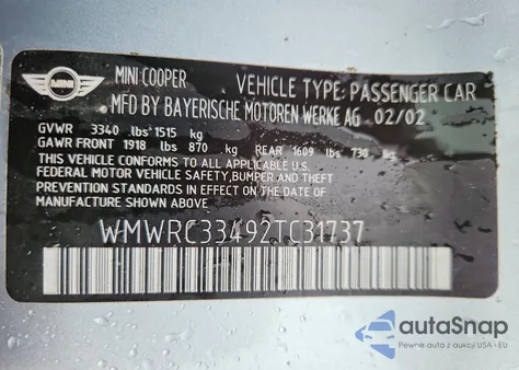 2002 Mini Cooper z USA, uszkodzony, nr VIN WMWRC33492TC31737